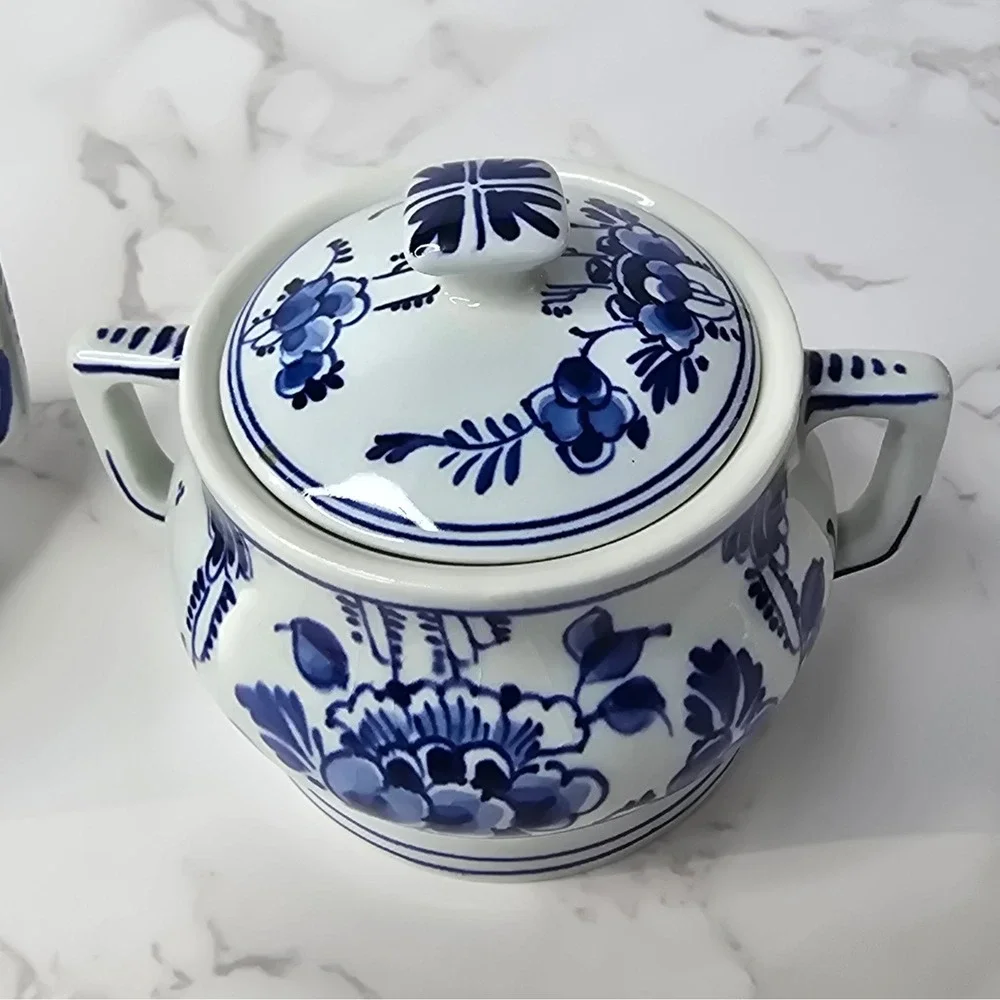 Vintage 1961 Royal Delft Porceleyne Fles Hand Painted Creamer Sugar Tray Set